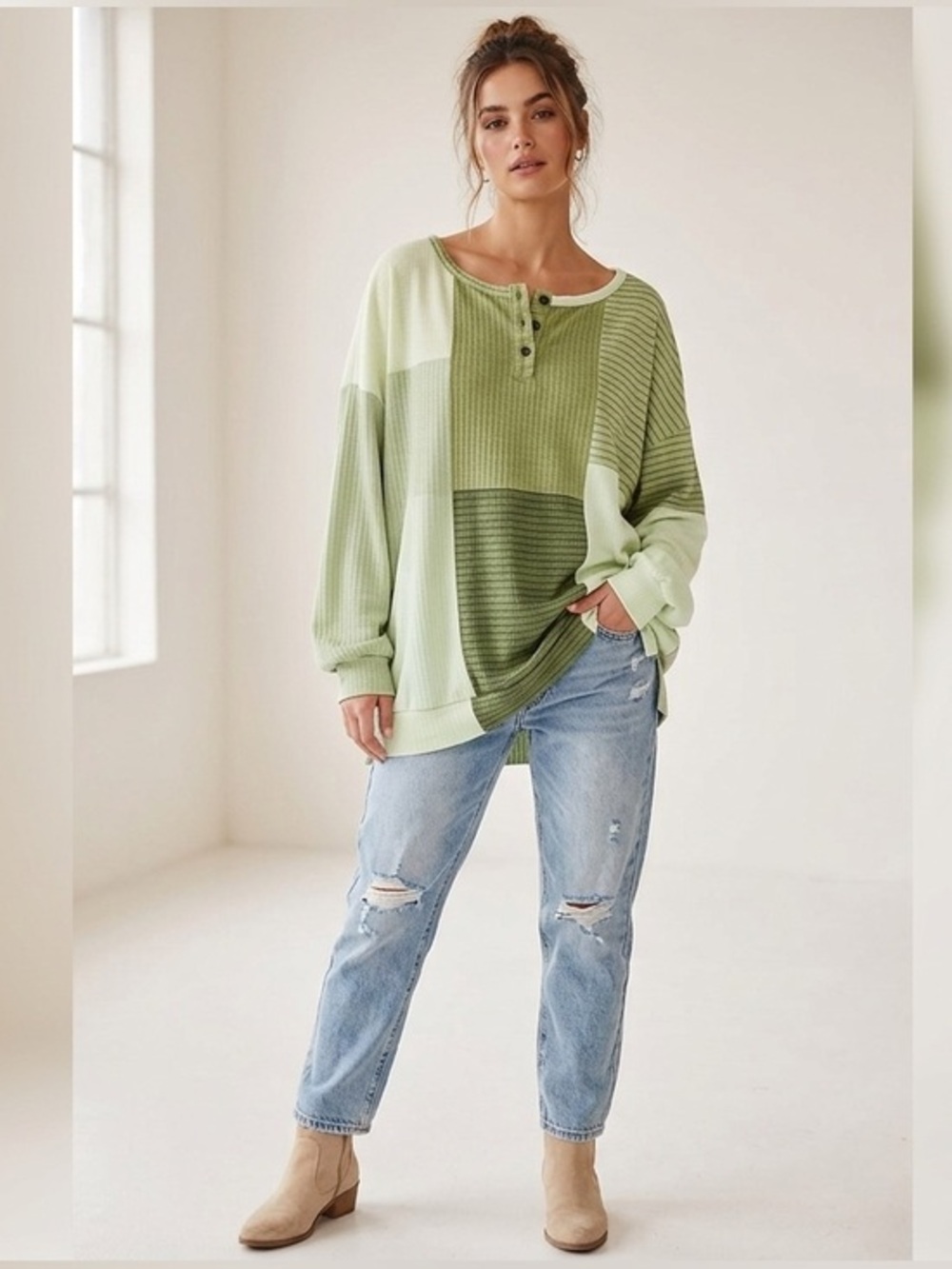 ShallWe Patchwork Oversized Henley Top